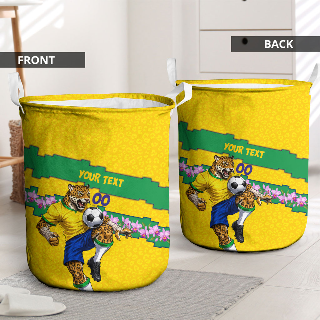 Personalized Brazil Soccer Laundry Basket Jaguar Football Mascot - National Flag and Floral Accents