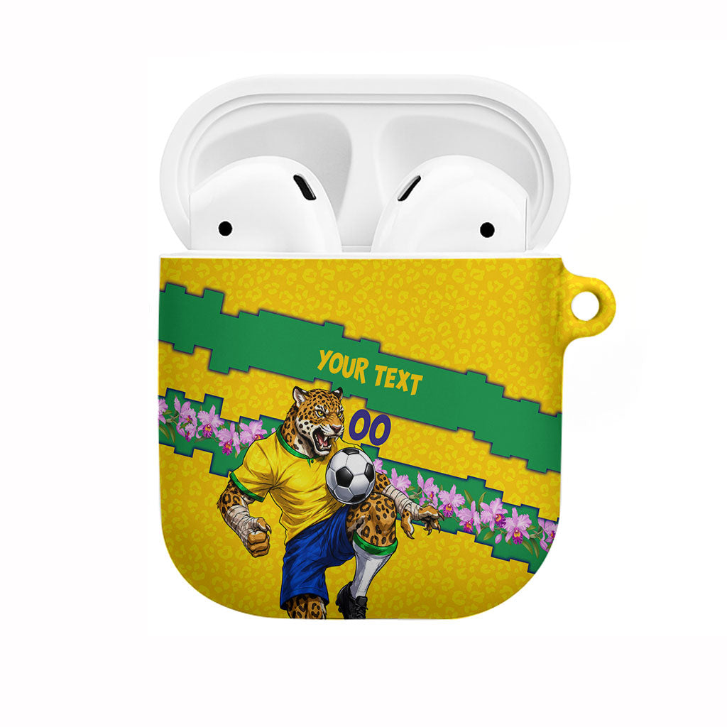 Personalized Brazil Soccer AirPods Case Jaguar Football Mascot - National Flag and Floral Accents