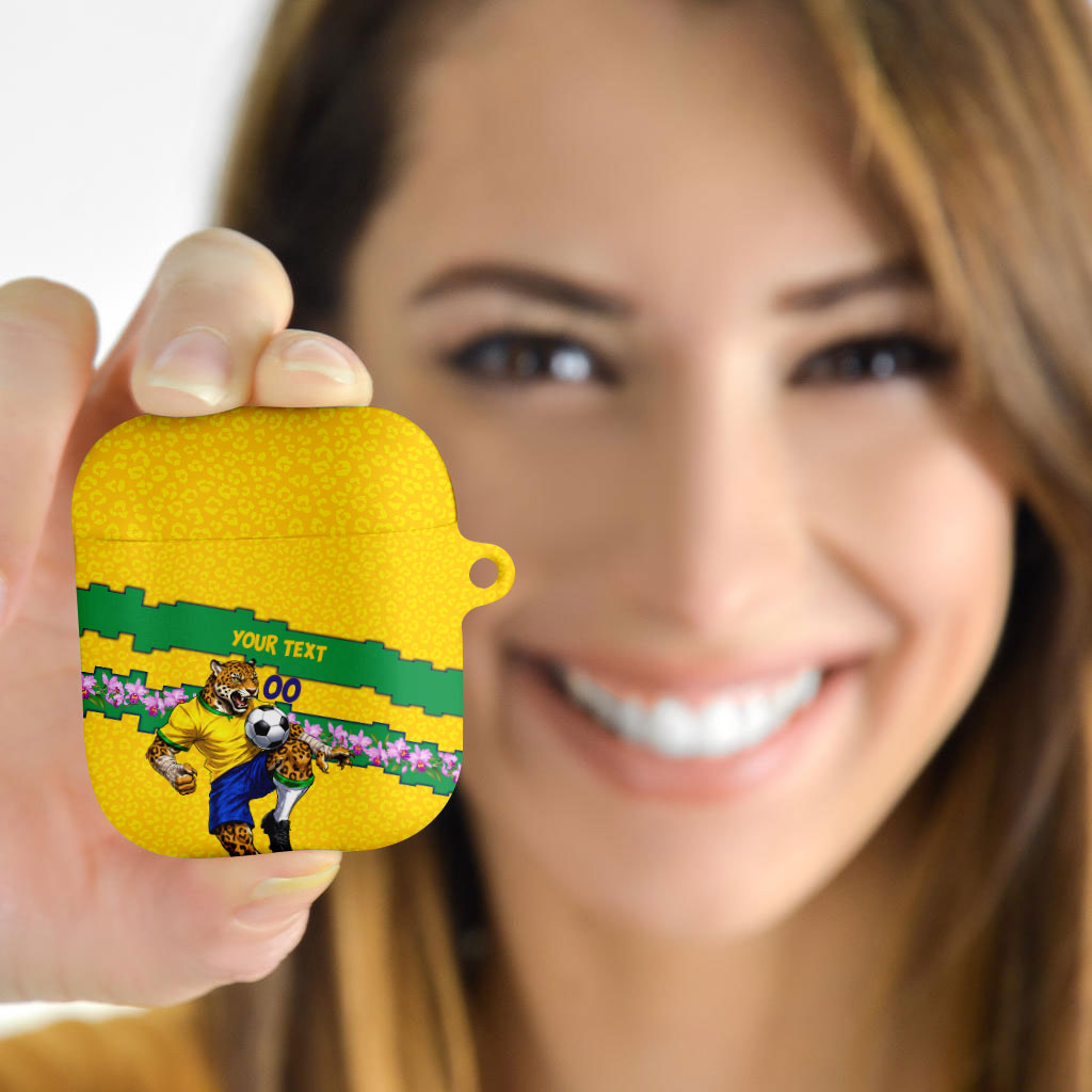 Personalized Brazil Soccer AirPods Case Jaguar Football Mascot - National Flag and Floral Accents