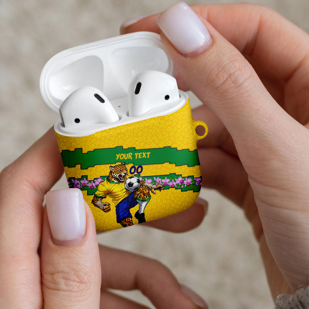 Personalized Brazil Soccer AirPods Case Jaguar Football Mascot - National Flag and Floral Accents