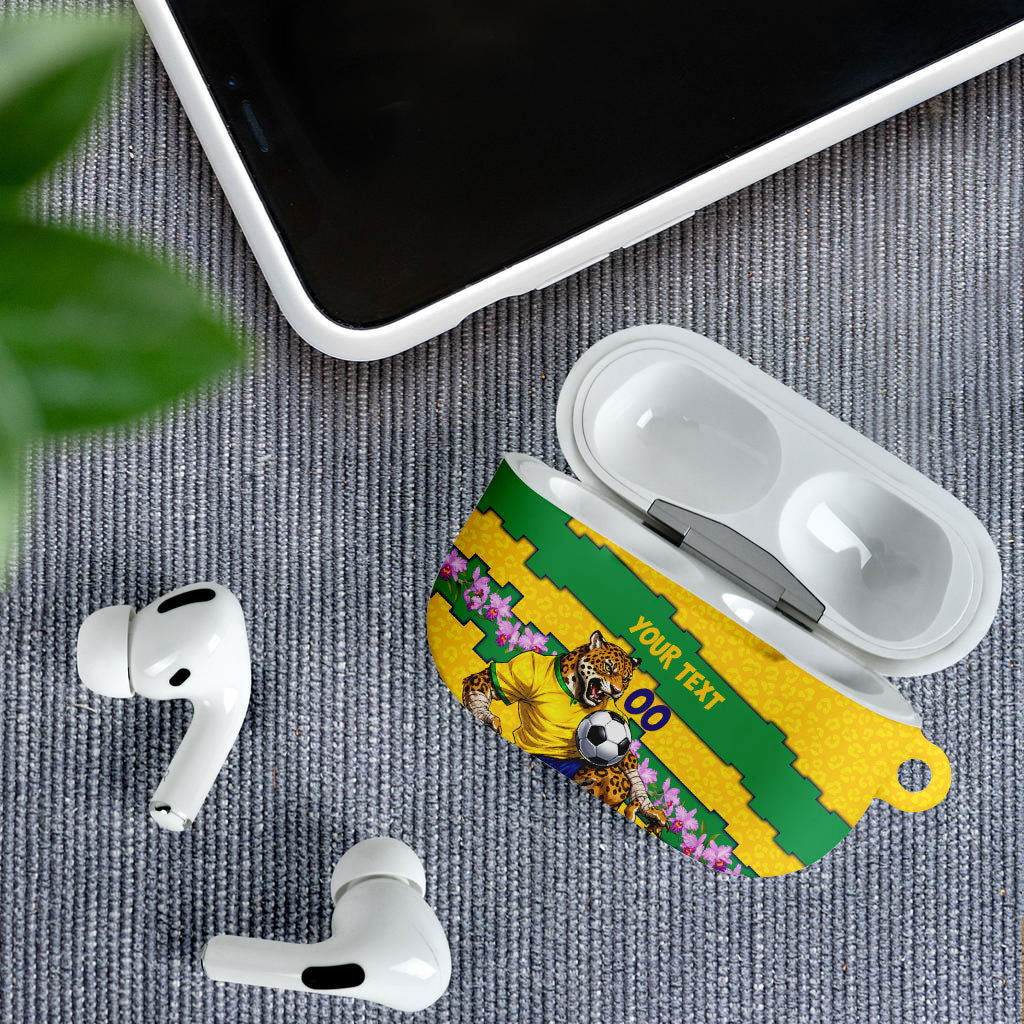 Personalized Brazil Soccer AirPods Case Jaguar Football Mascot - National Flag and Floral Accents