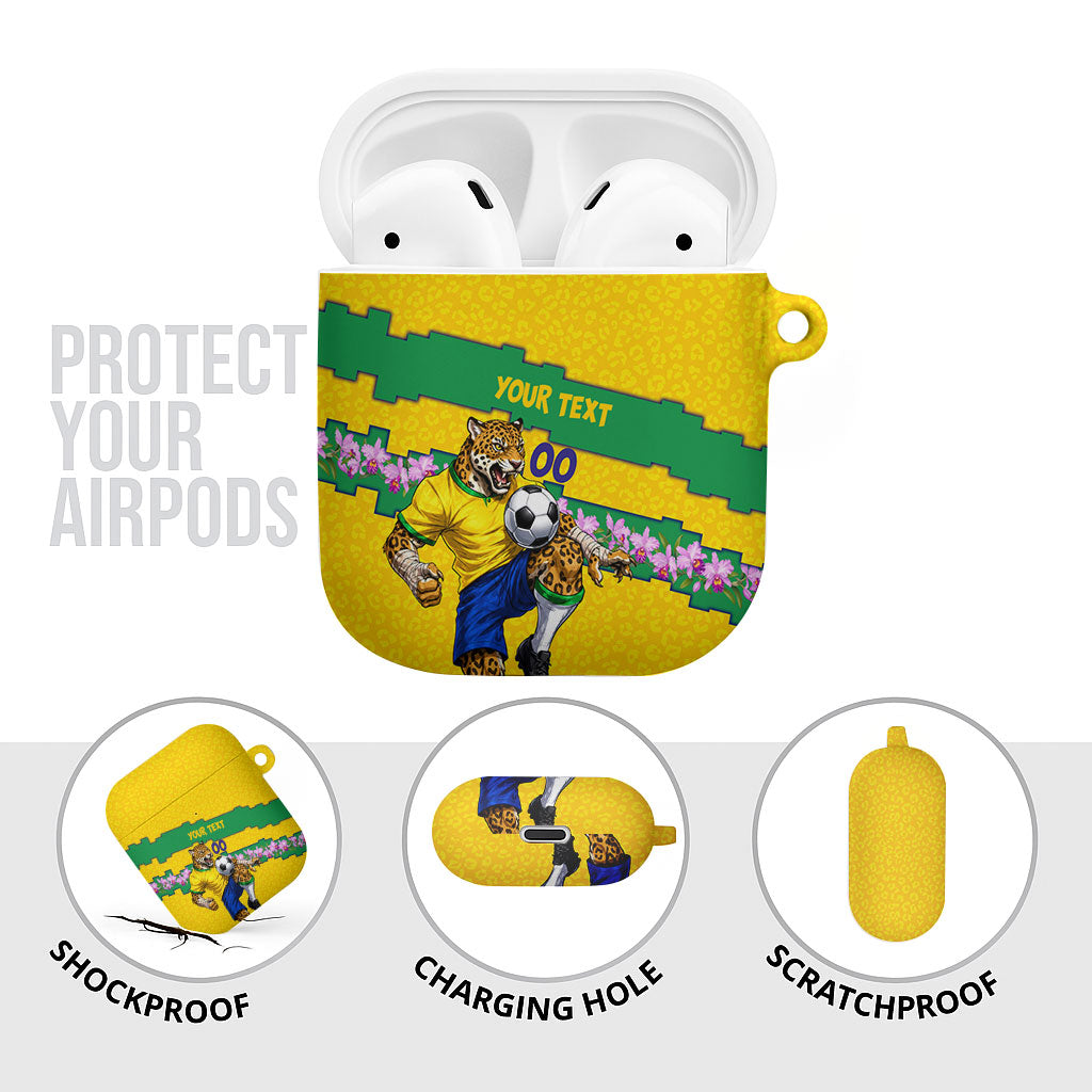 Personalized Brazil Soccer AirPods Case Jaguar Football Mascot - National Flag and Floral Accents