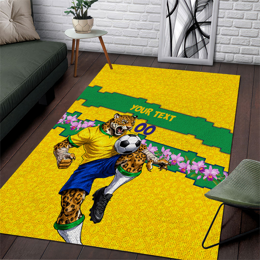 Personalized Brazil Soccer Area Rug Jaguar Football Mascot - National Flag and Floral Accents