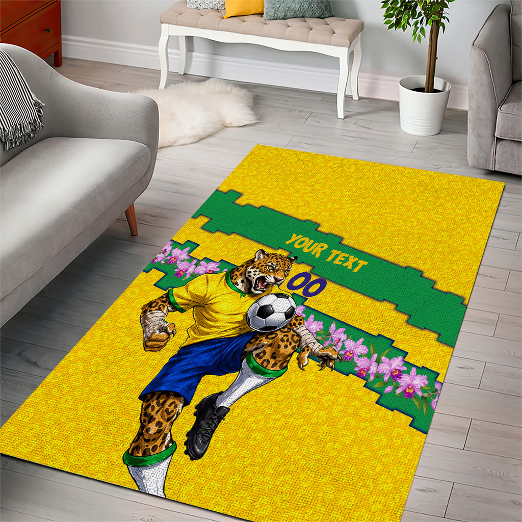 Personalized Brazil Soccer Area Rug Jaguar Football Mascot - National Flag and Floral Accents