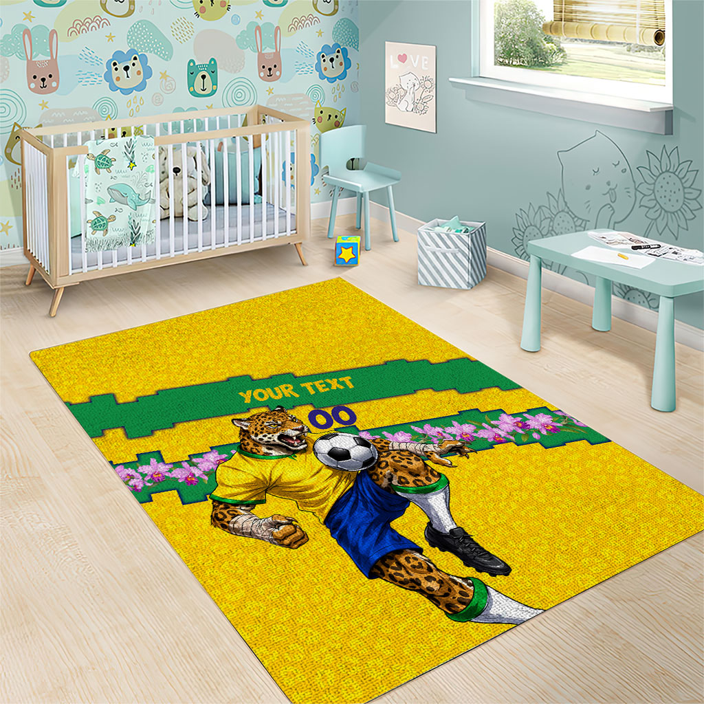 Personalized Brazil Soccer Area Rug Jaguar Football Mascot - National Flag and Floral Accents