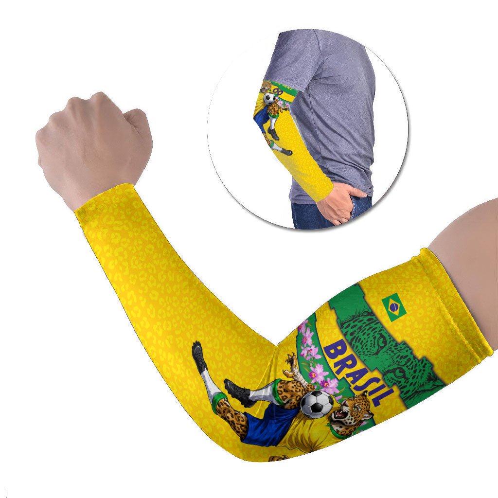Personalized Brazil Soccer Arm Sleeves Jaguar Football Mascot - National Flag and Floral Accents