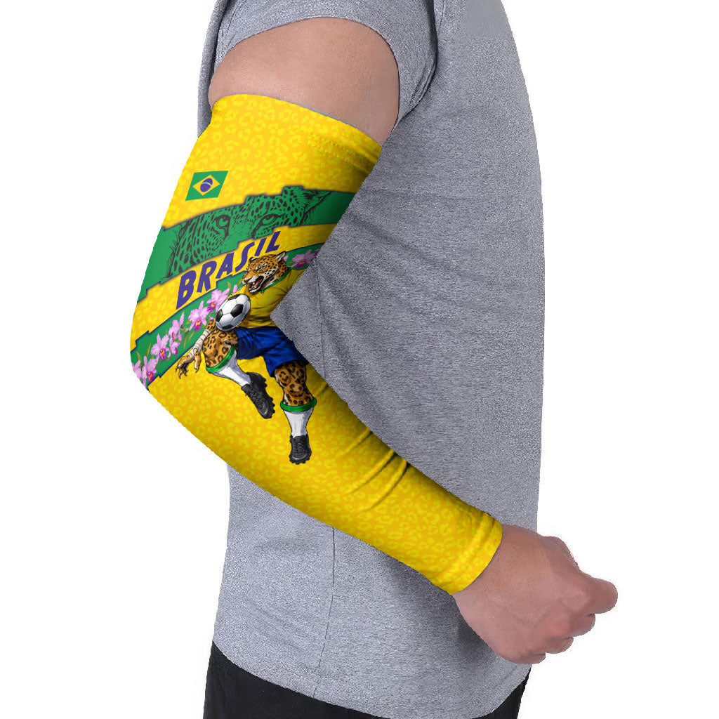 Personalized Brazil Soccer Arm Sleeves Jaguar Football Mascot - National Flag and Floral Accents
