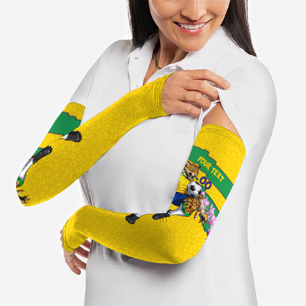 Personalized Brazil Soccer Arm Sleeves Jaguar Football Mascot - National Flag and Floral Accents
