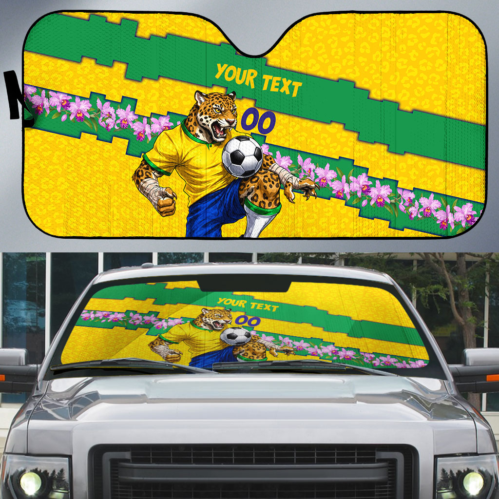 Personalized Brazil Soccer Auto Sun Shade Jaguar Football Mascot - National Flag and Floral Accents