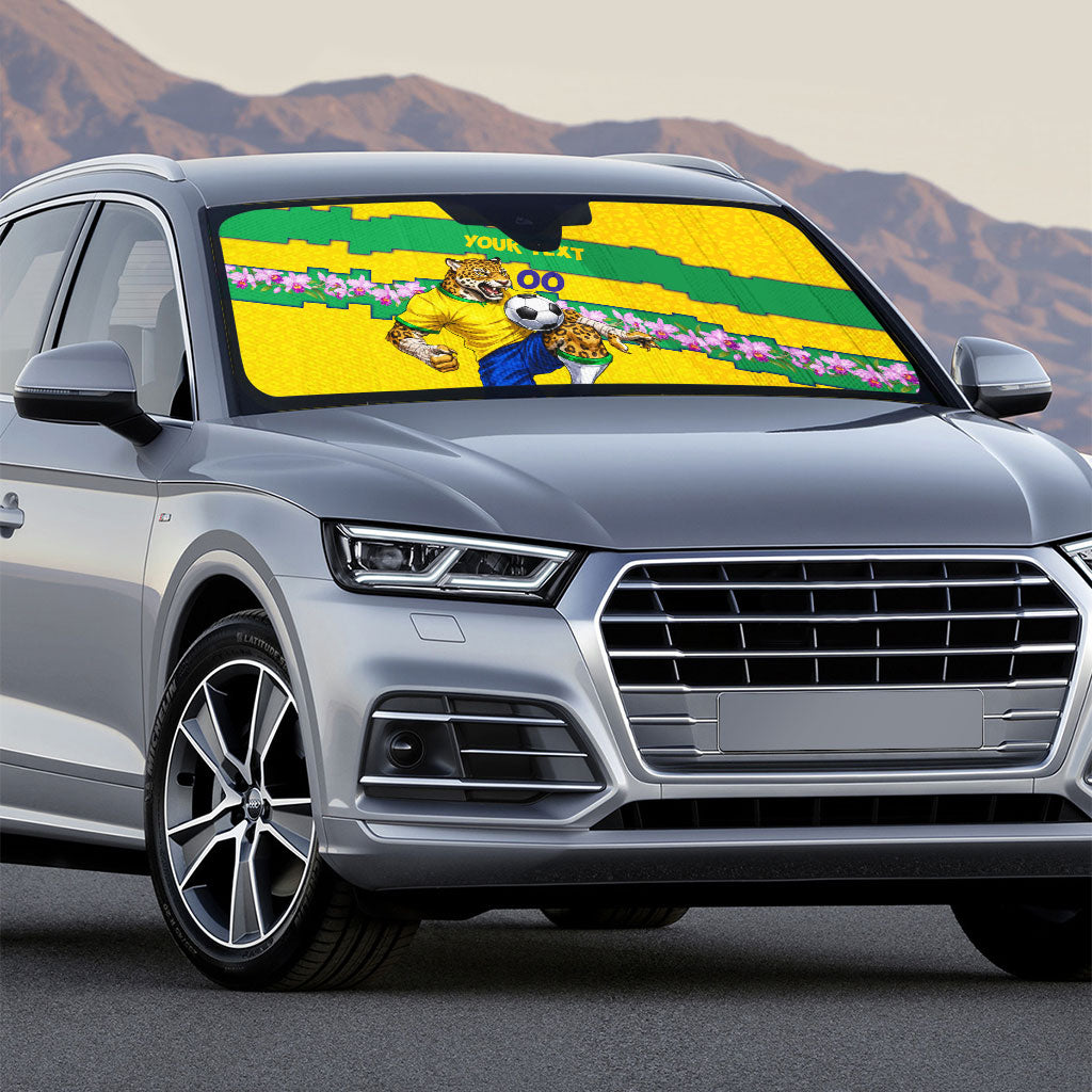 Personalized Brazil Soccer Auto Sun Shade Jaguar Football Mascot - National Flag and Floral Accents