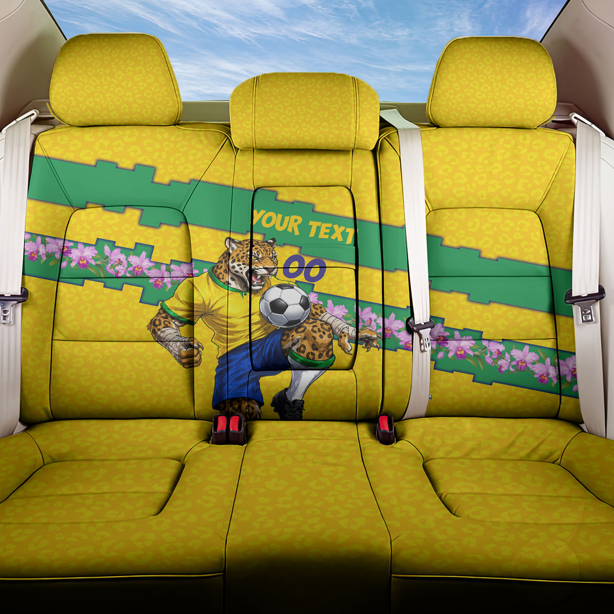 Personalized Brazil Soccer Back Car Seat Cover Jaguar Football Mascot - National Flag and Floral Accents