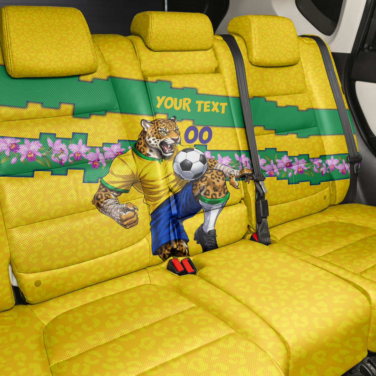 Personalized Brazil Soccer Back Car Seat Cover Jaguar Football Mascot - National Flag and Floral Accents