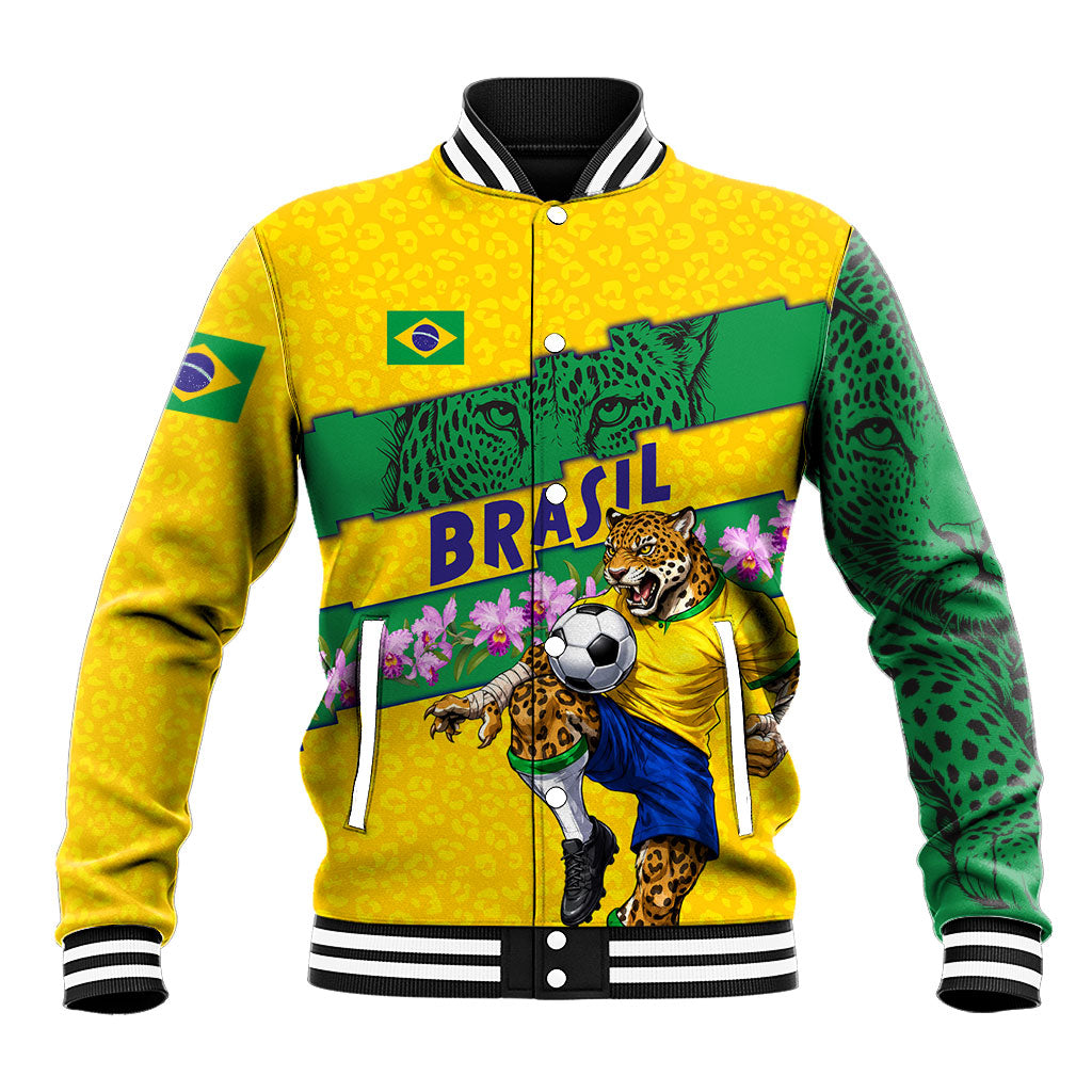 Personalized Brazil Soccer Baseball Jacket Jaguar Football Mascot - National Flag and Floral Accents