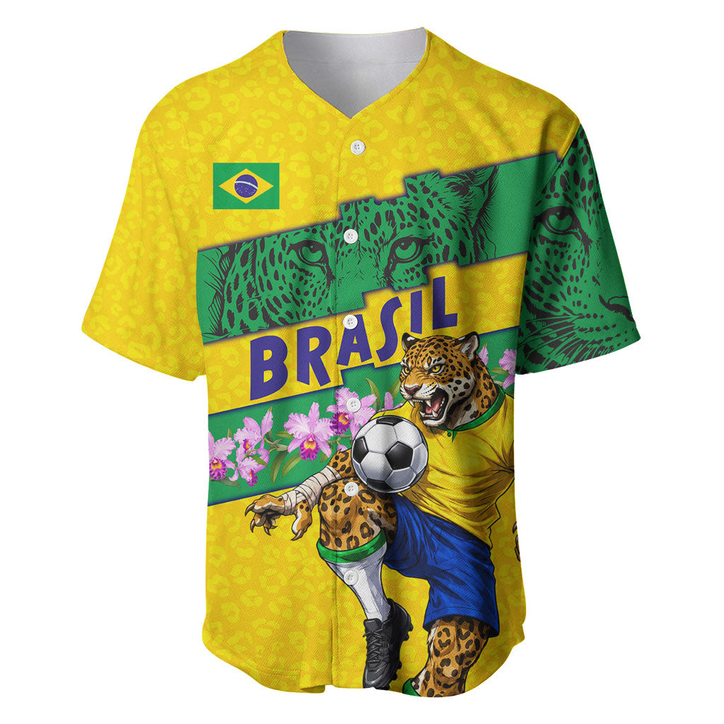Personalized Brazil Soccer Baseball Jersey Jaguar Football Mascot - National Flag and Floral Accents