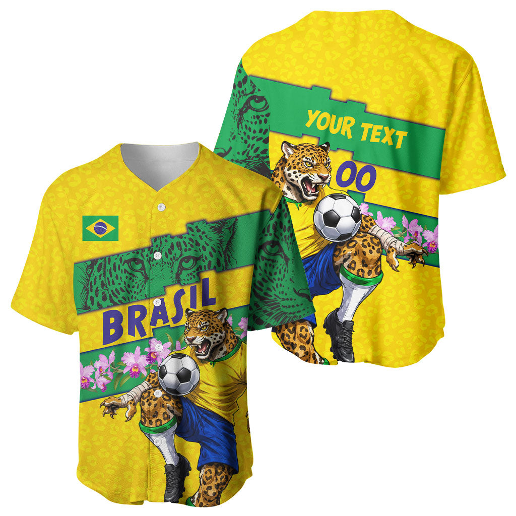 Personalized Brazil Soccer Baseball Jersey Jaguar Football Mascot - National Flag and Floral Accents