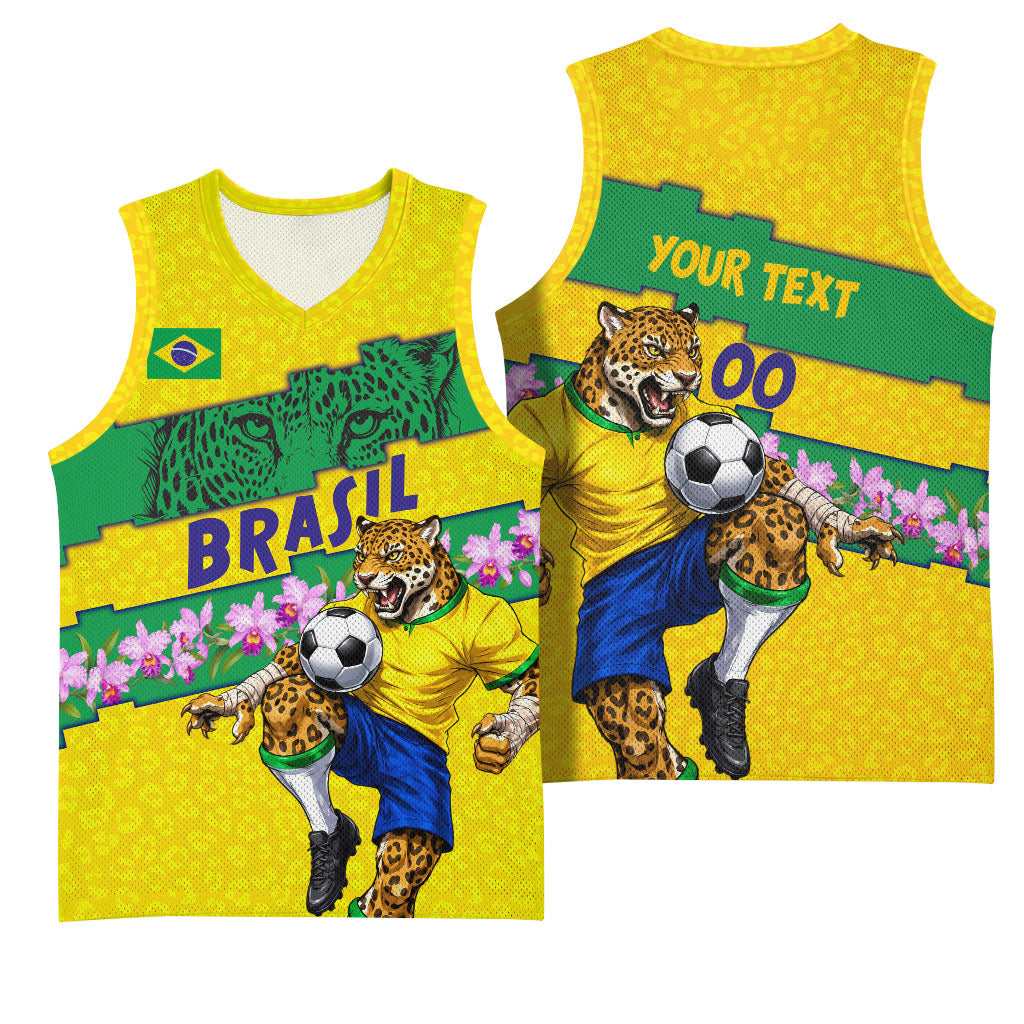 Personalized Brazil Soccer Basketball Jersey Jaguar Football Mascot - National Flag and Floral Accents