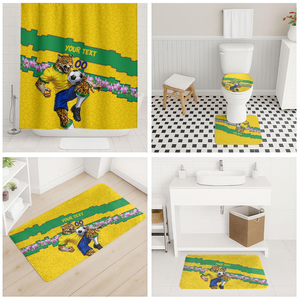 Personalized Brazil Soccer Bathroom Set Jaguar Football Mascot - National Flag and Floral Accents