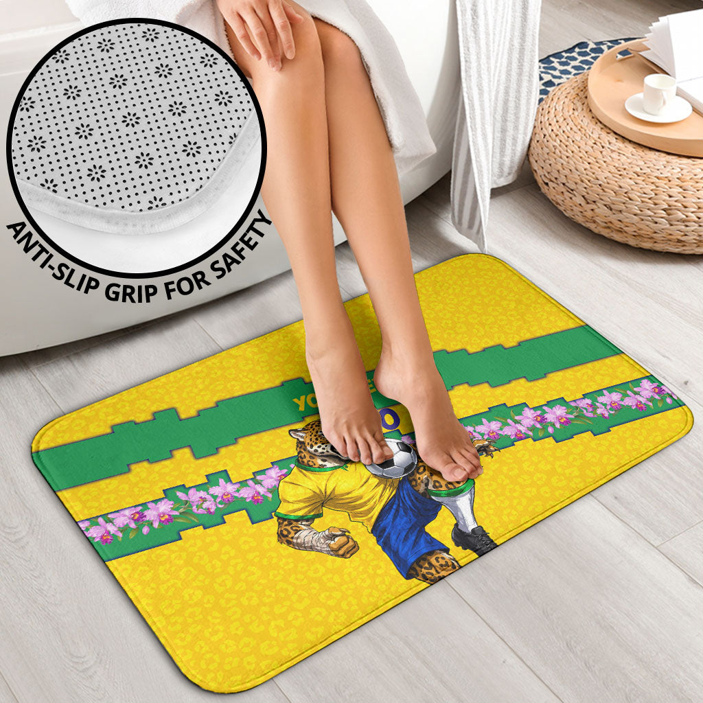 Personalized Brazil Soccer Bathroom Set Jaguar Football Mascot - National Flag and Floral Accents