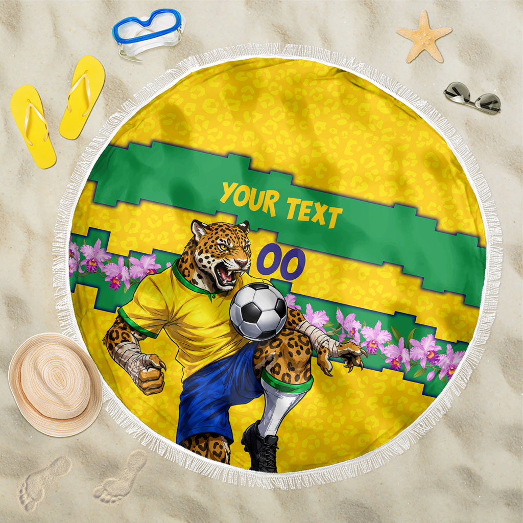 Personalized Brazil Soccer Beach Blanket Jaguar Football Mascot - National Flag and Floral Accents