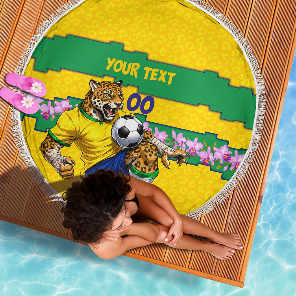 Personalized Brazil Soccer Beach Blanket Jaguar Football Mascot - National Flag and Floral Accents
