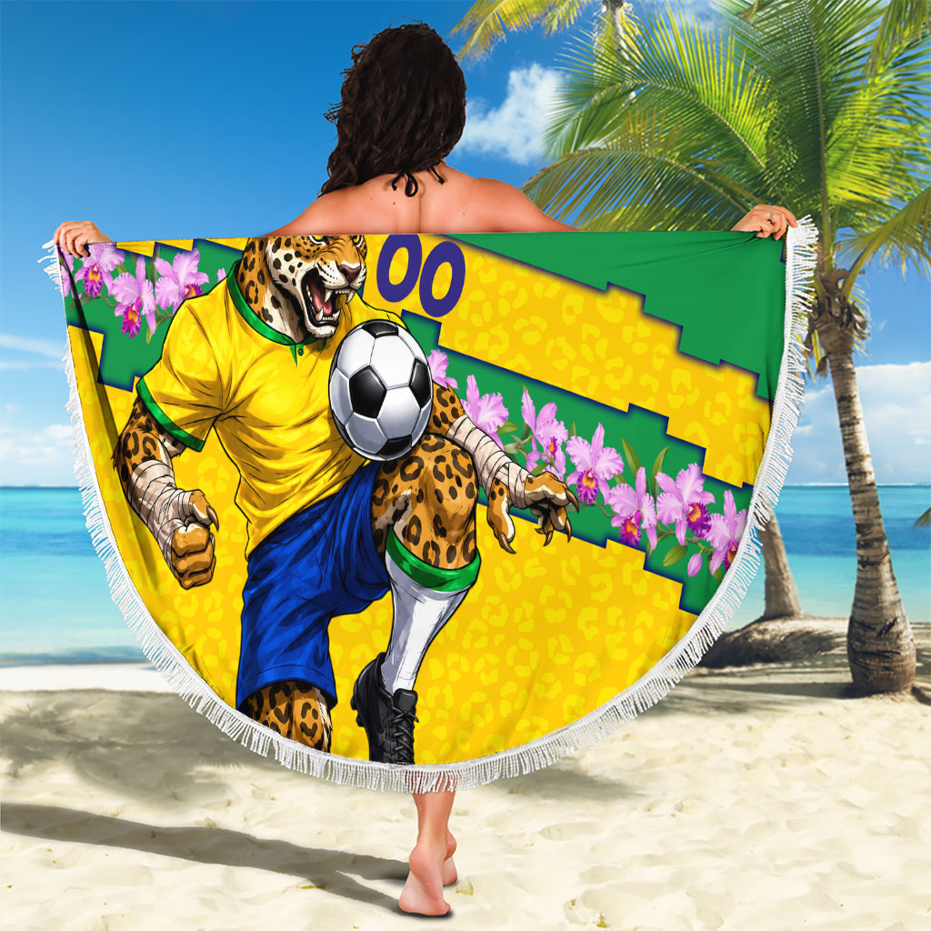 Personalized Brazil Soccer Beach Blanket Jaguar Football Mascot - National Flag and Floral Accents
