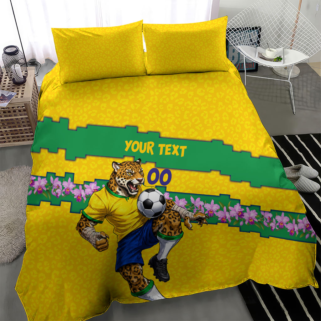 Personalized Brazil Soccer Bedding Set Jaguar Football Mascot - National Flag and Floral Accents