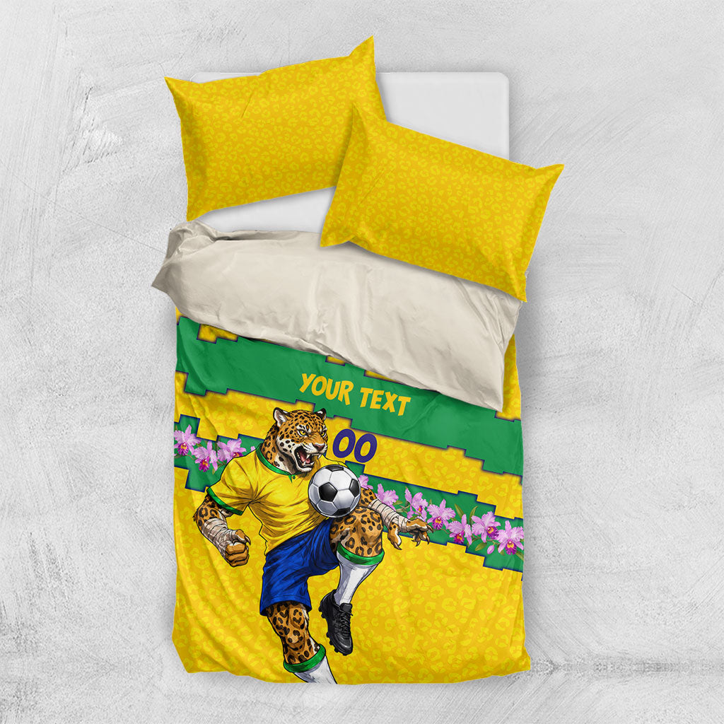 Personalized Brazil Soccer Bedding Set Jaguar Football Mascot - National Flag and Floral Accents