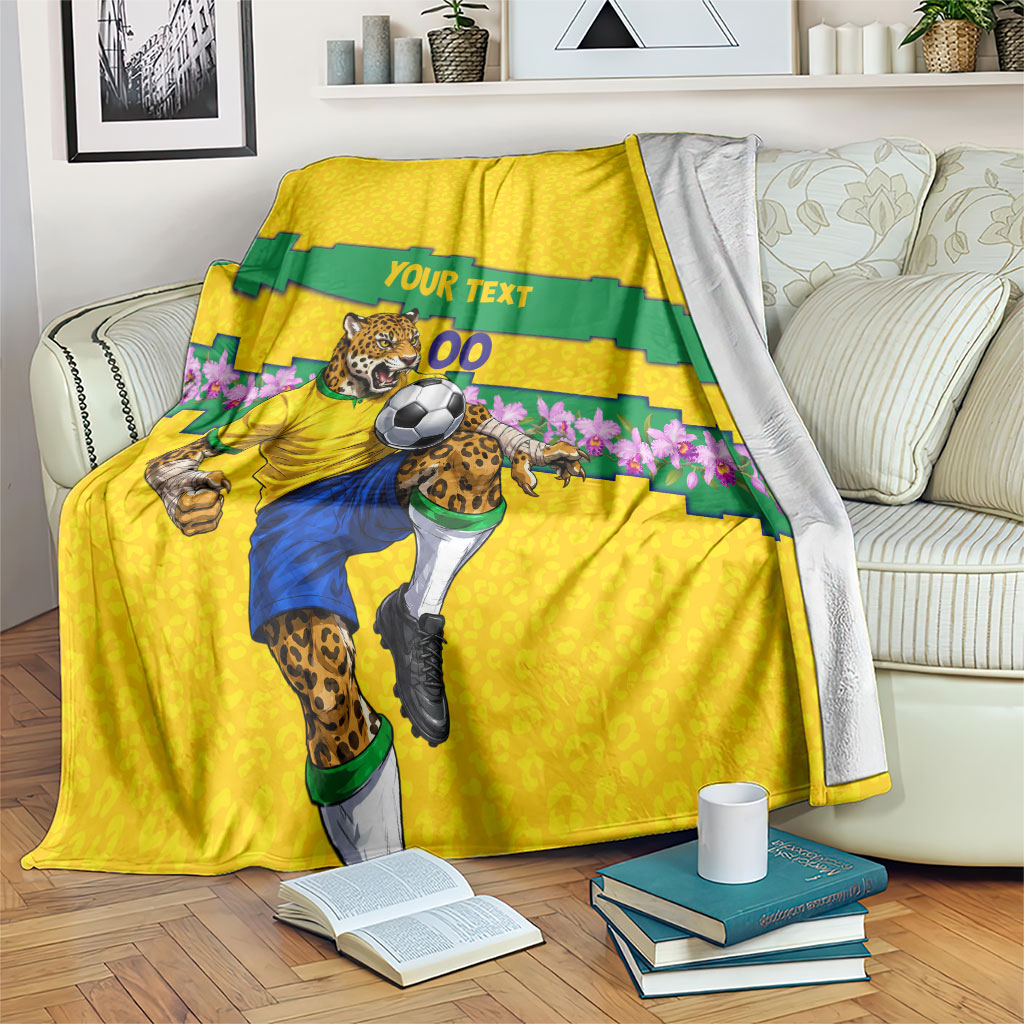 Personalized Brazil Soccer Blanket Jaguar Football Mascot - National Flag and Floral Accents