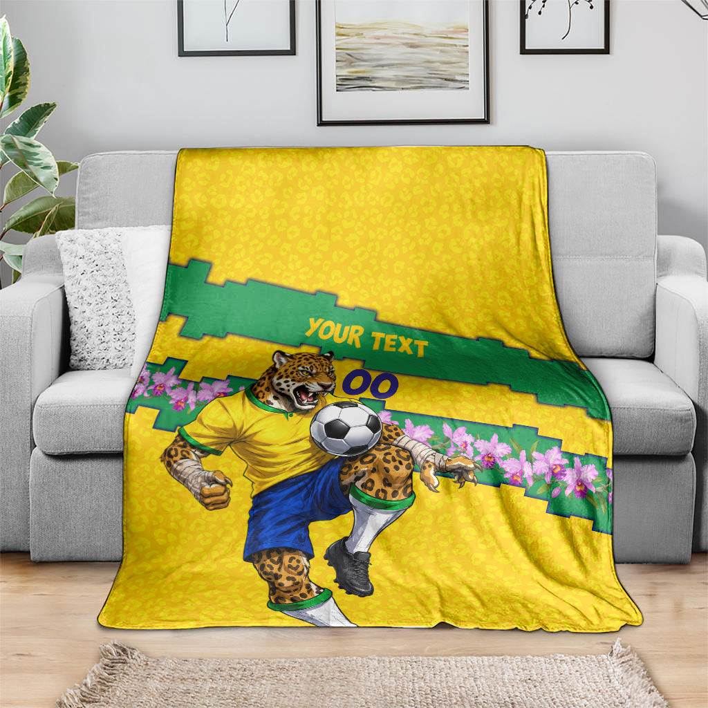 Personalized Brazil Soccer Blanket Jaguar Football Mascot - National Flag and Floral Accents