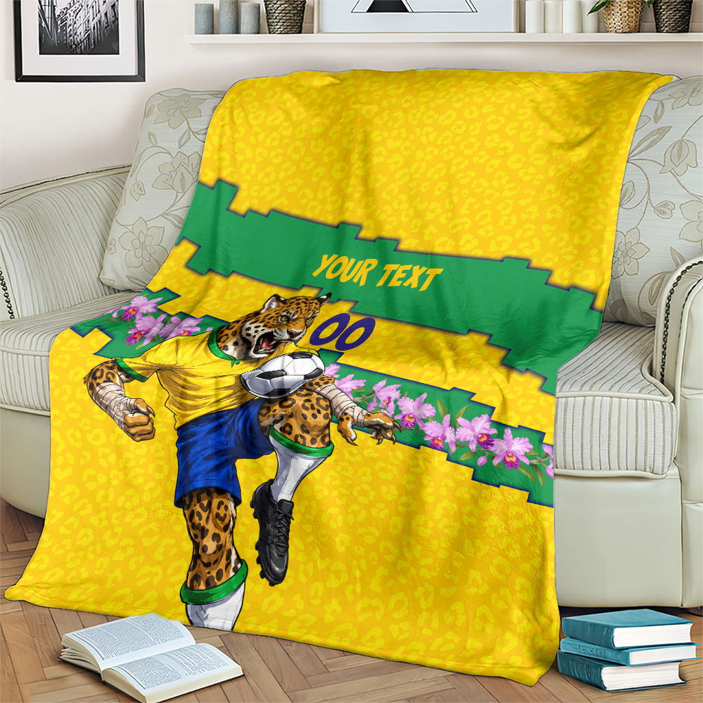 Personalized Brazil Soccer Blanket Jaguar Football Mascot - National Flag and Floral Accents