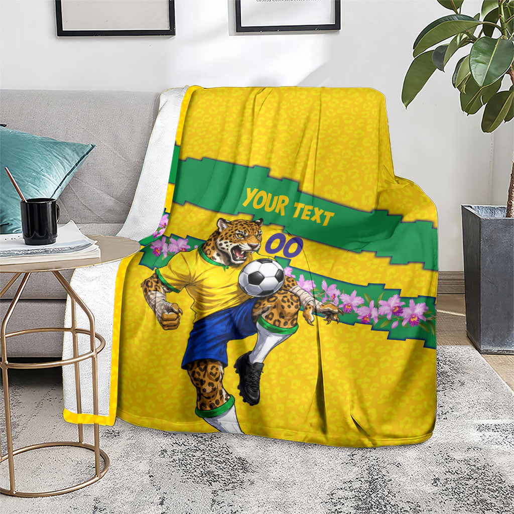 Personalized Brazil Soccer Blanket Jaguar Football Mascot - National Flag and Floral Accents