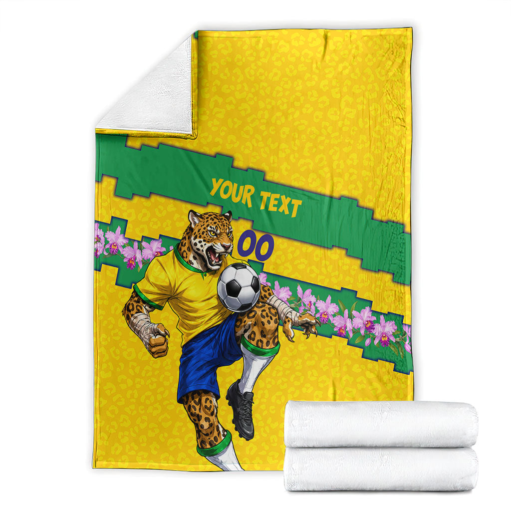 Personalized Brazil Soccer Blanket Jaguar Football Mascot - National Flag and Floral Accents