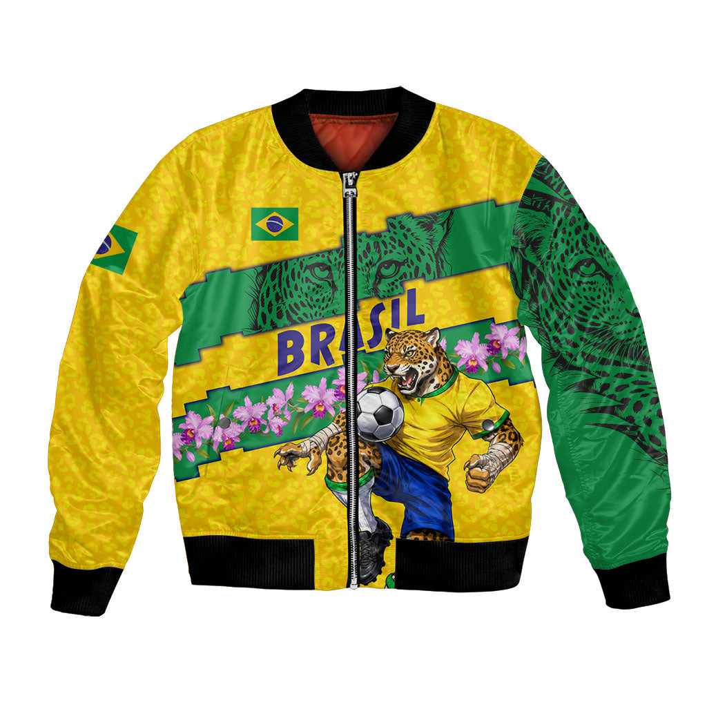 Personalized Brazil Soccer Bomber Jacket Jaguar Football Mascot - National Flag and Floral Accents