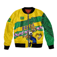 Personalized Brazil Soccer Bomber Jacket Jaguar Football Mascot - National Flag and Floral Accents