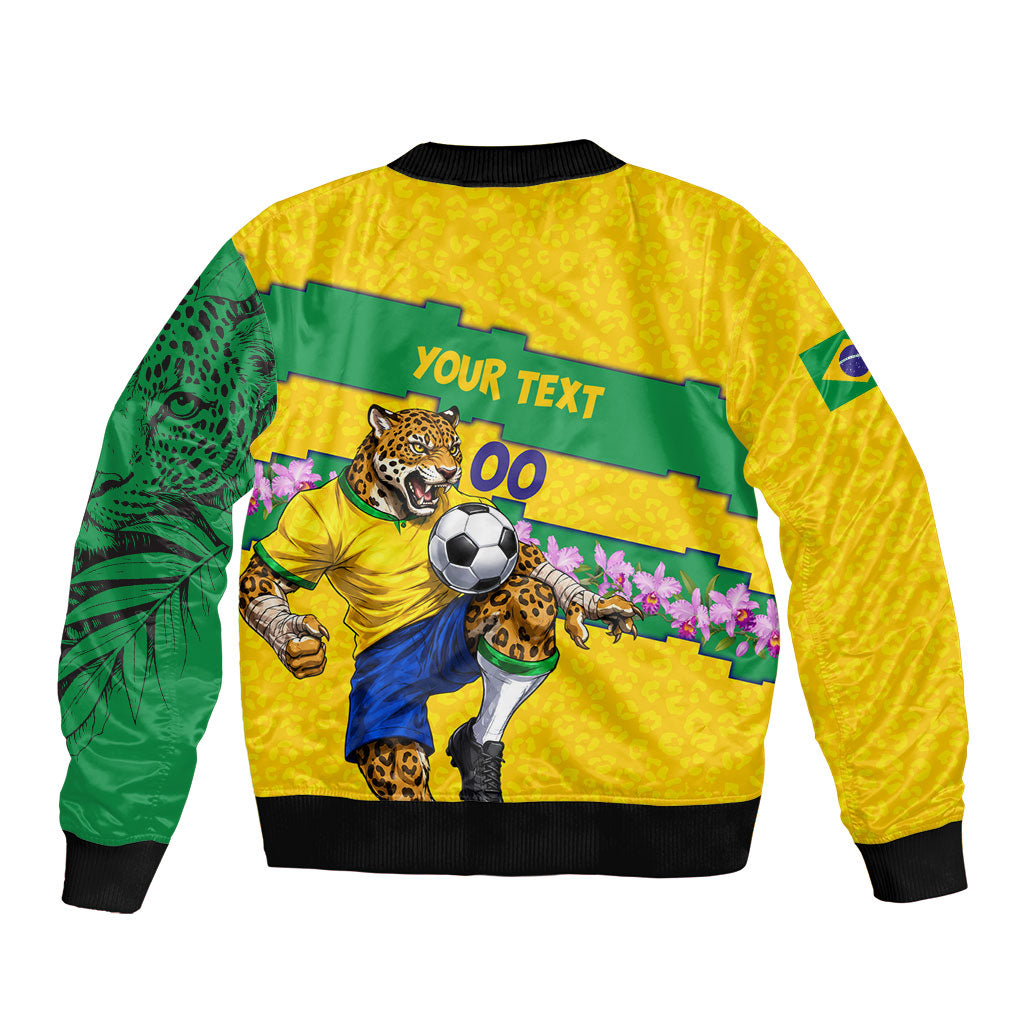 Personalized Brazil Soccer Bomber Jacket Jaguar Football Mascot - National Flag and Floral Accents