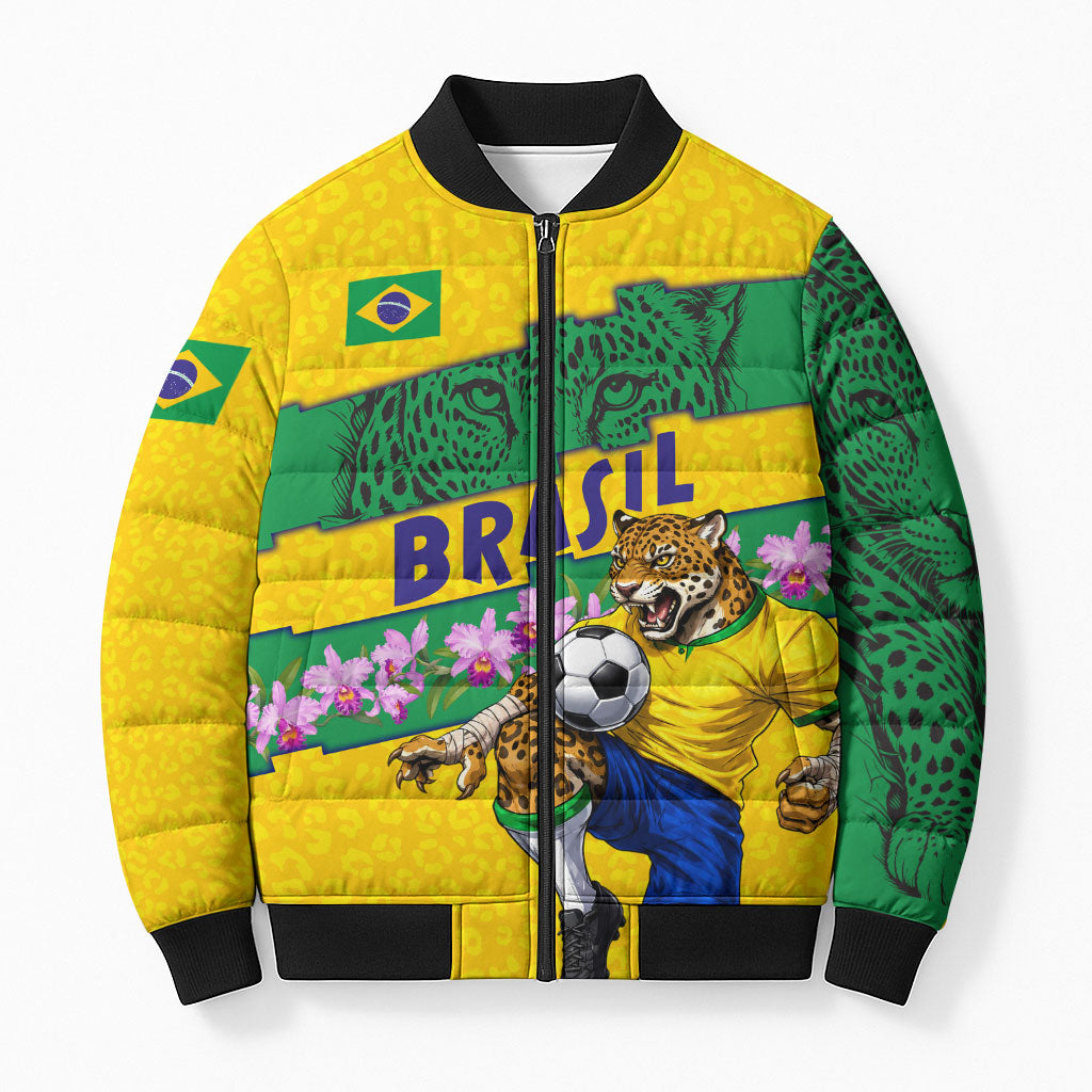 Personalized Brazil Soccer Bomber Puffer Jacket Jaguar Football Mascot - National Flag and Floral Accents