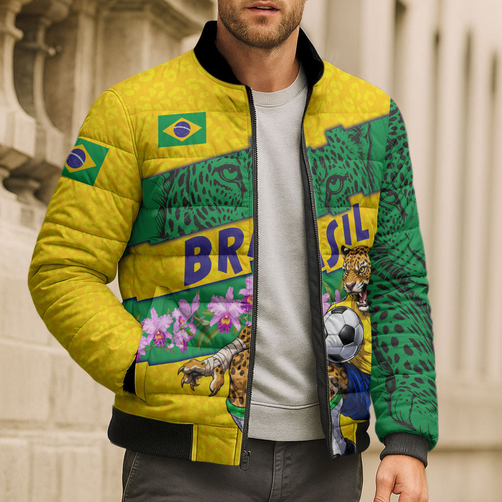 Personalized Brazil Soccer Bomber Puffer Jacket Jaguar Football Mascot - National Flag and Floral Accents