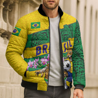 Personalized Brazil Soccer Bomber Puffer Jacket Jaguar Football Mascot - National Flag and Floral Accents