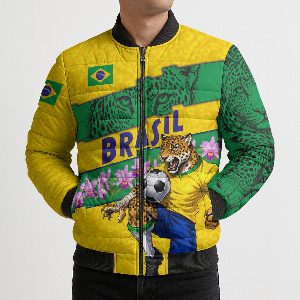 Personalized Brazil Soccer Bomber Puffer Jacket Jaguar Football Mascot - National Flag and Floral Accents