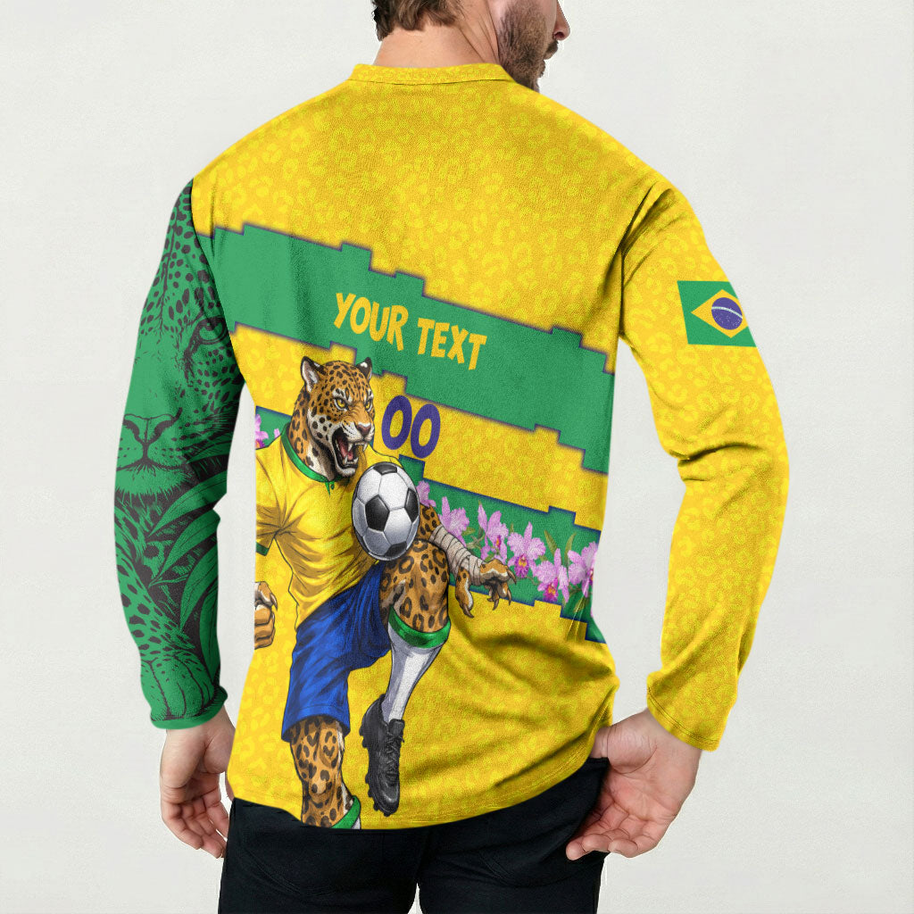Personalized Brazil Soccer Button Sweatshirt Jaguar Football Mascot - National Flag and Floral Accents