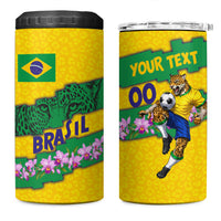 Personalized Brazil Soccer 4 in 1 Can Cooler Tumbler Jaguar Football Mascot - National Flag and Floral Accents