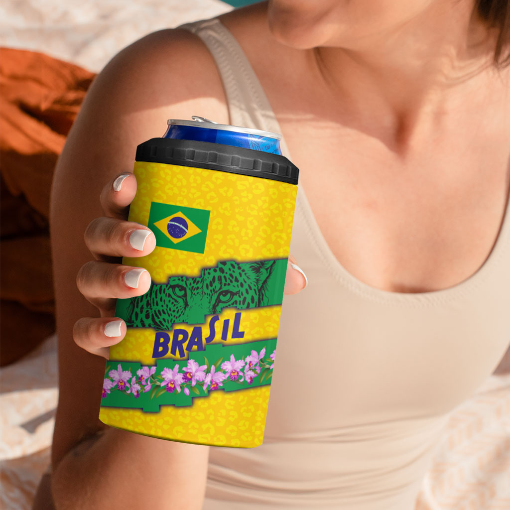Personalized Brazil Soccer 4 in 1 Can Cooler Tumbler Jaguar Football Mascot - National Flag and Floral Accents