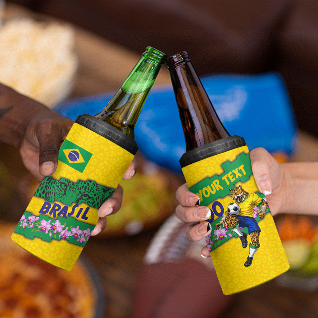 Personalized Brazil Soccer 4 in 1 Can Cooler Tumbler Jaguar Football Mascot - National Flag and Floral Accents