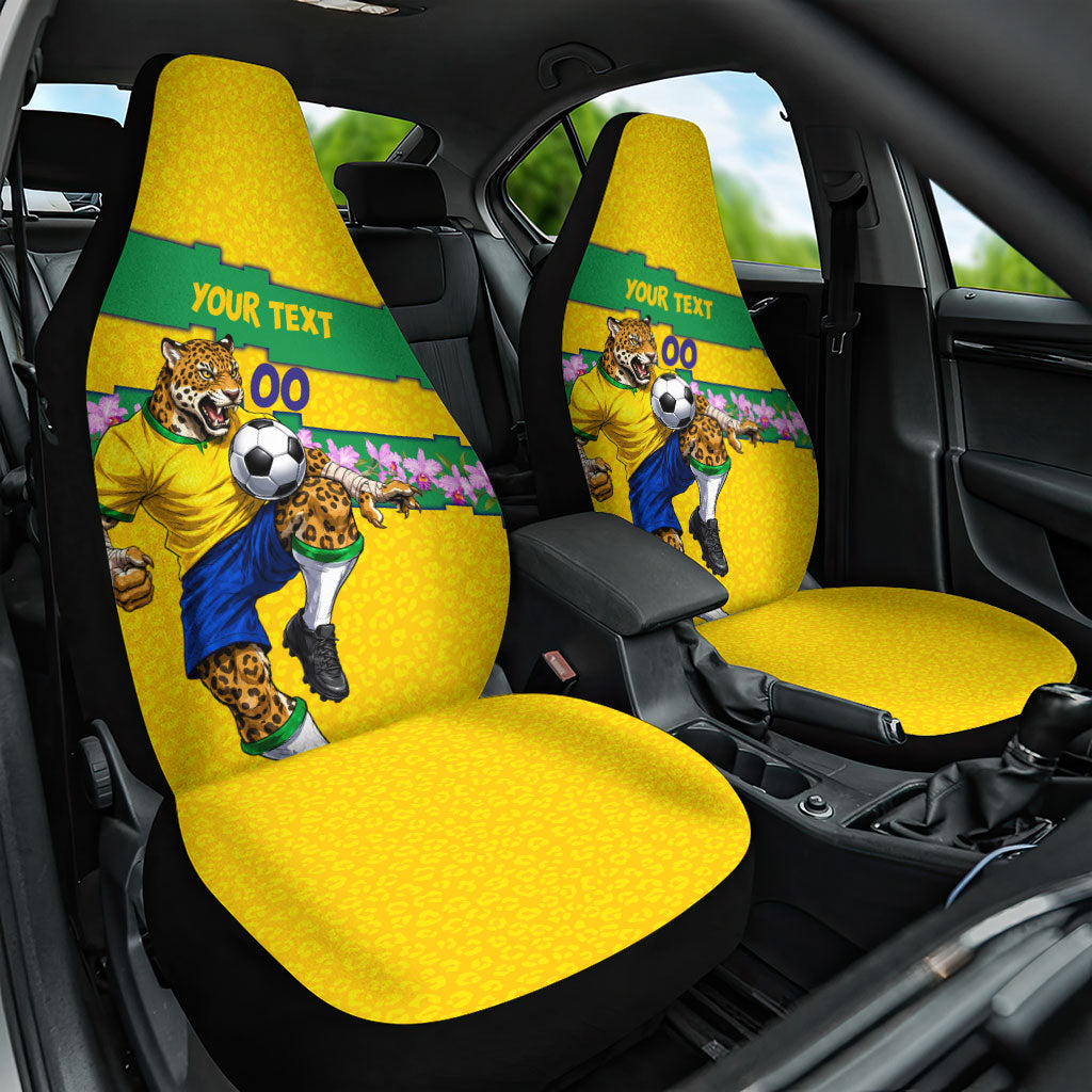 Personalized Brazil Soccer Car Seat Cover Jaguar Football Mascot - National Flag and Floral Accents