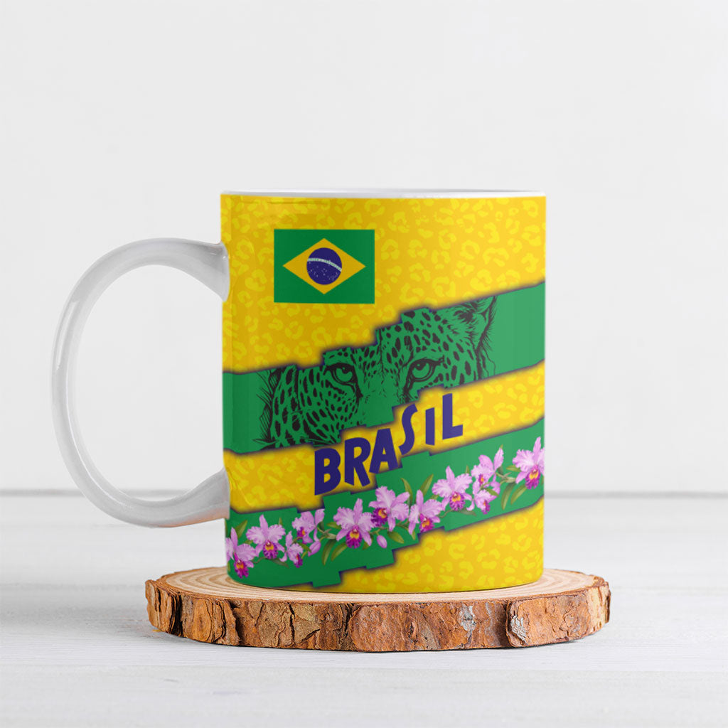 Personalized Brazil Soccer Ceramic Mug Jaguar Football Mascot - National Flag and Floral Accents
