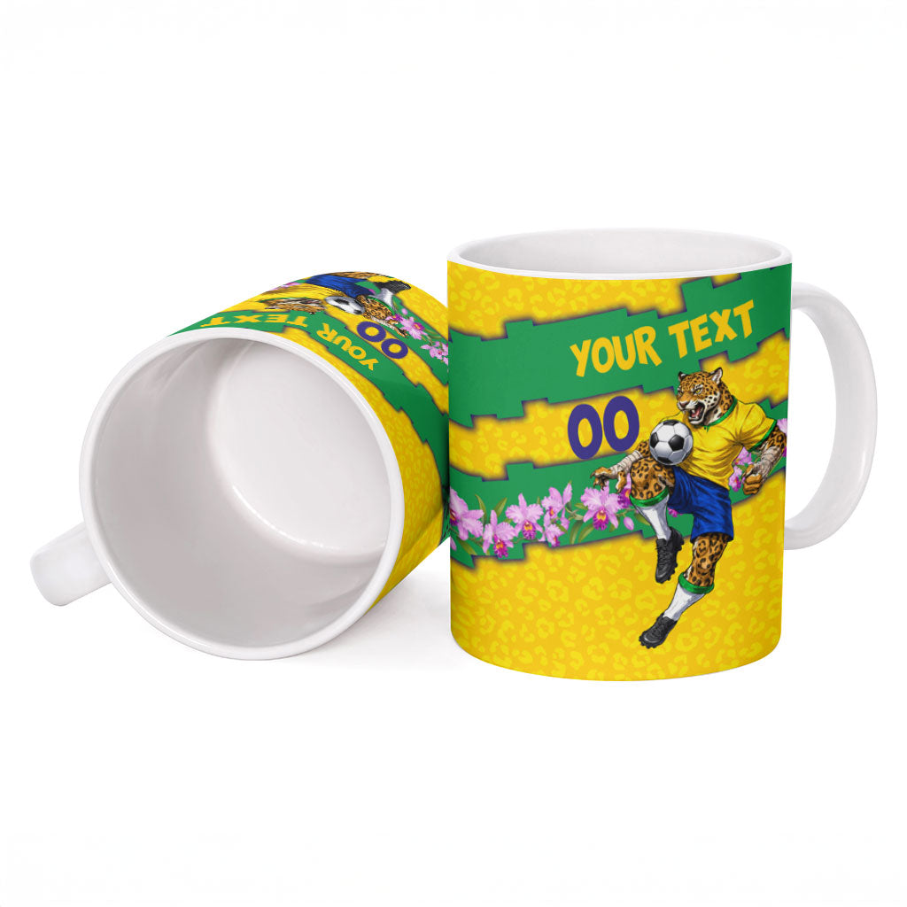 Personalized Brazil Soccer Ceramic Mug Jaguar Football Mascot - National Flag and Floral Accents
