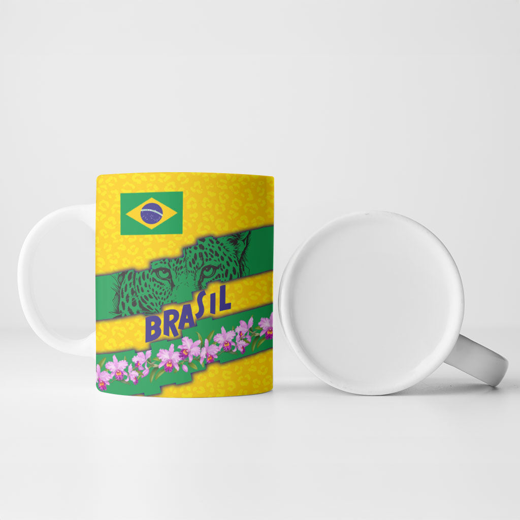 Personalized Brazil Soccer Ceramic Mug Jaguar Football Mascot - National Flag and Floral Accents