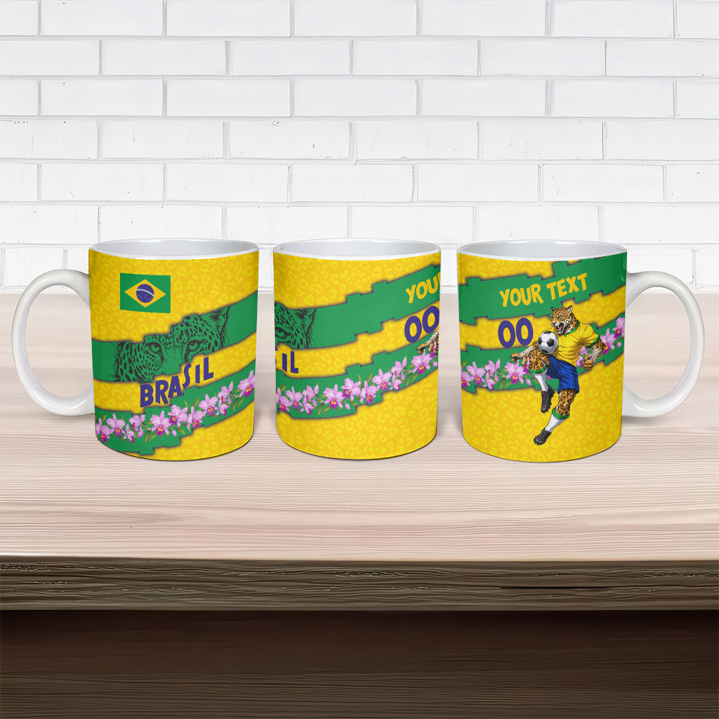 Personalized Brazil Soccer Ceramic Mug Jaguar Football Mascot - National Flag and Floral Accents