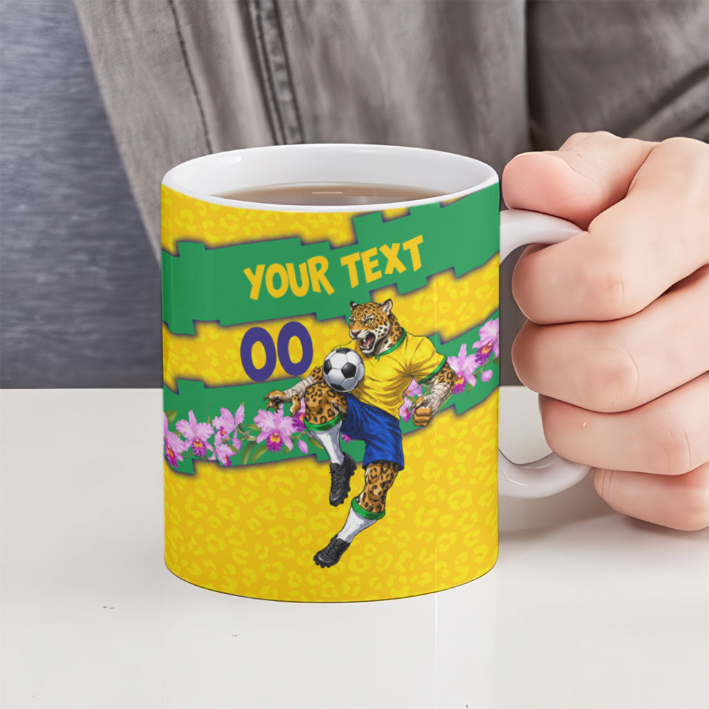 Personalized Brazil Soccer Ceramic Mug Jaguar Football Mascot - National Flag and Floral Accents