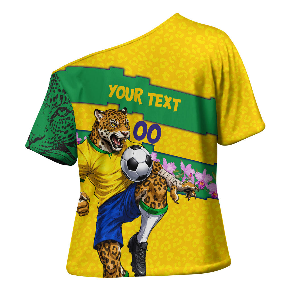 Personalized Brazil Soccer Cross Shoulder Shirt Jaguar Football Mascot - National Flag and Floral Accents